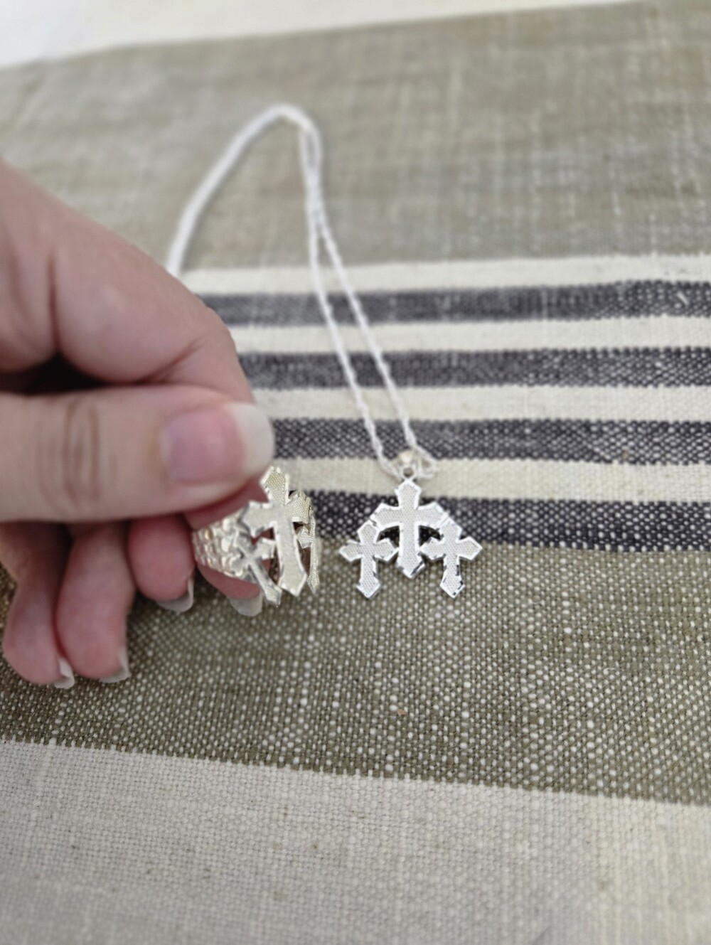Sterling Silver Triple Cross Pendant Necklace with Matching Ring, Ring Size 10 - Picture 2 of 10
